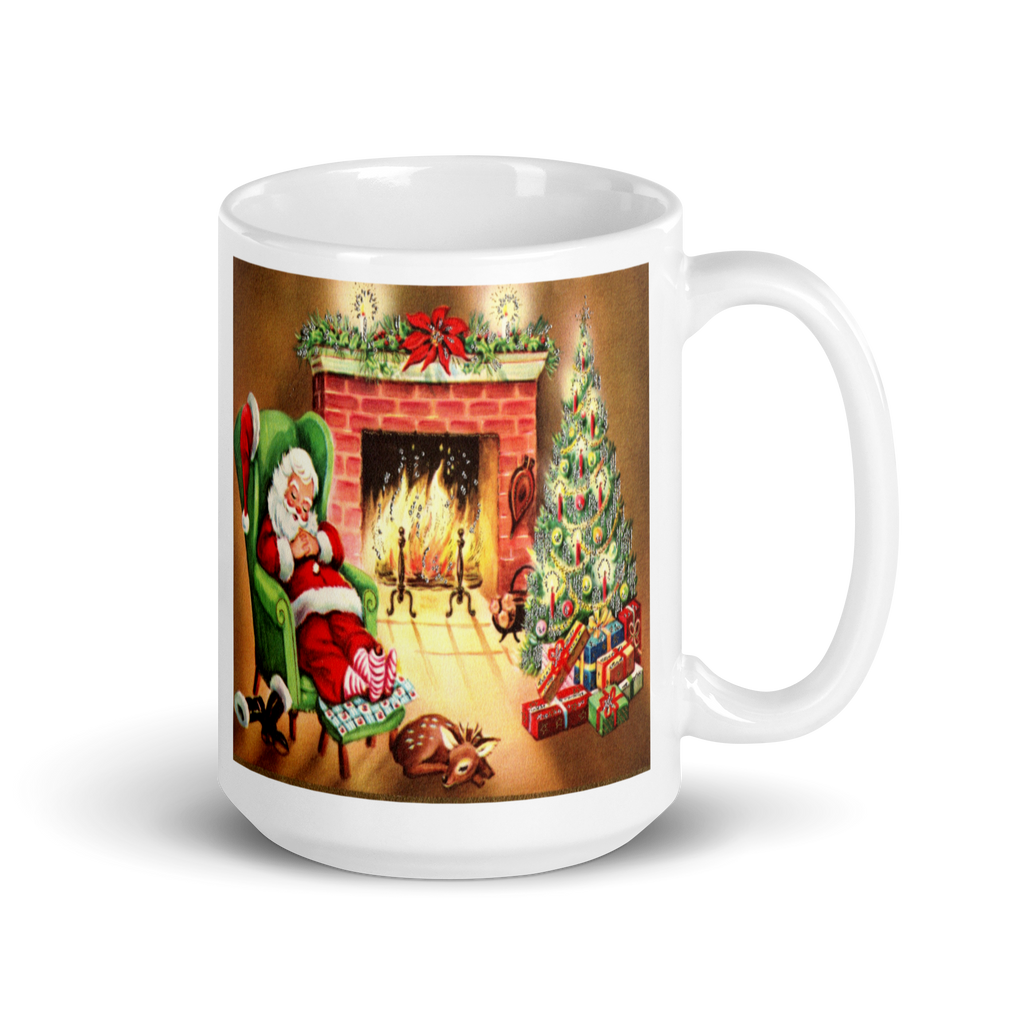 Santa Sleeping By Fireplace Retro Print Glossy Mug