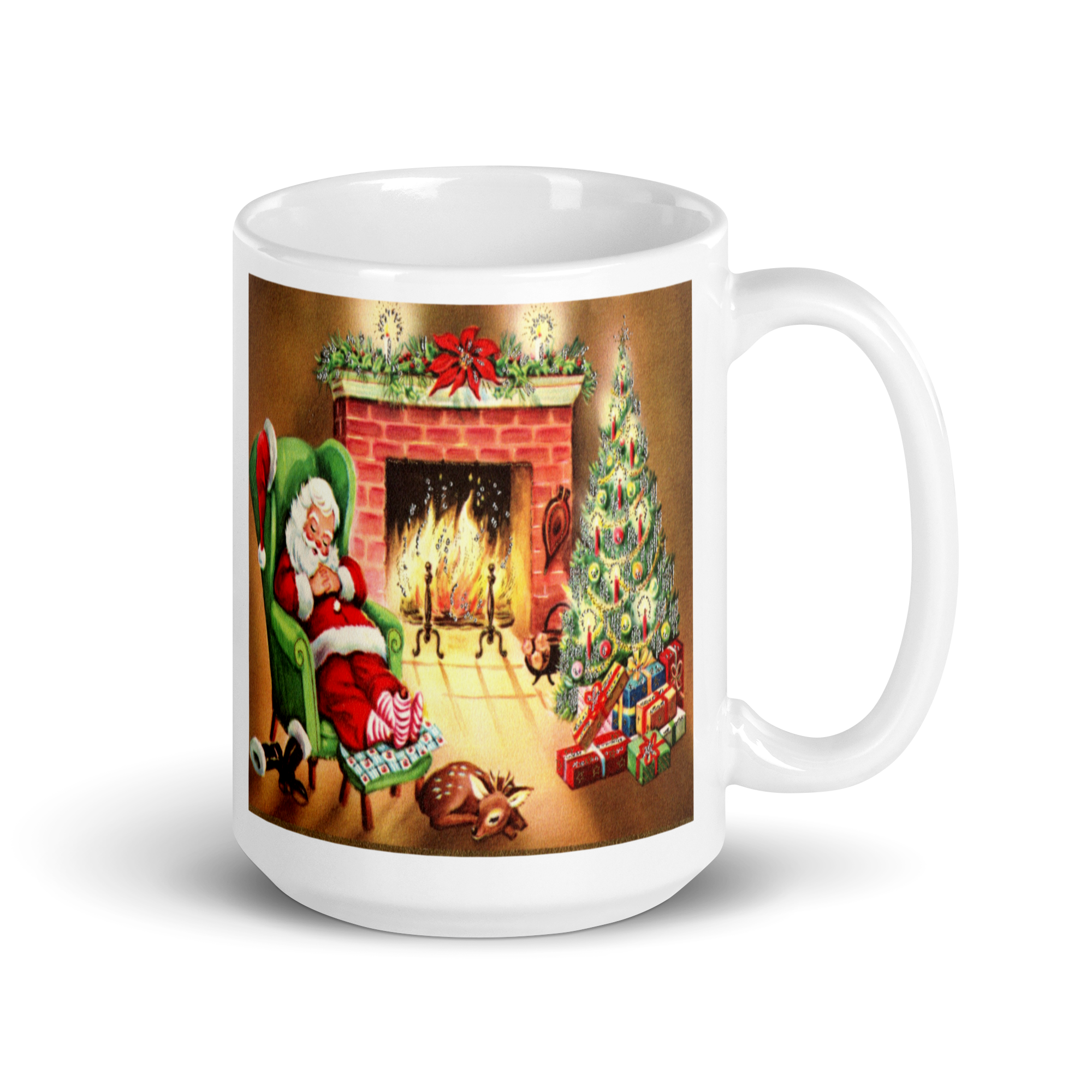 Santa Sleeping By Fireplace Retro Print Glossy Mug
