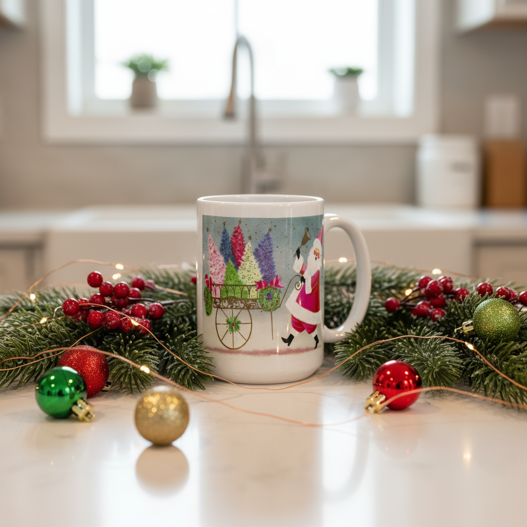 Santa Ringing Bell Mid Century Retro Christmas Print Glossy Mug