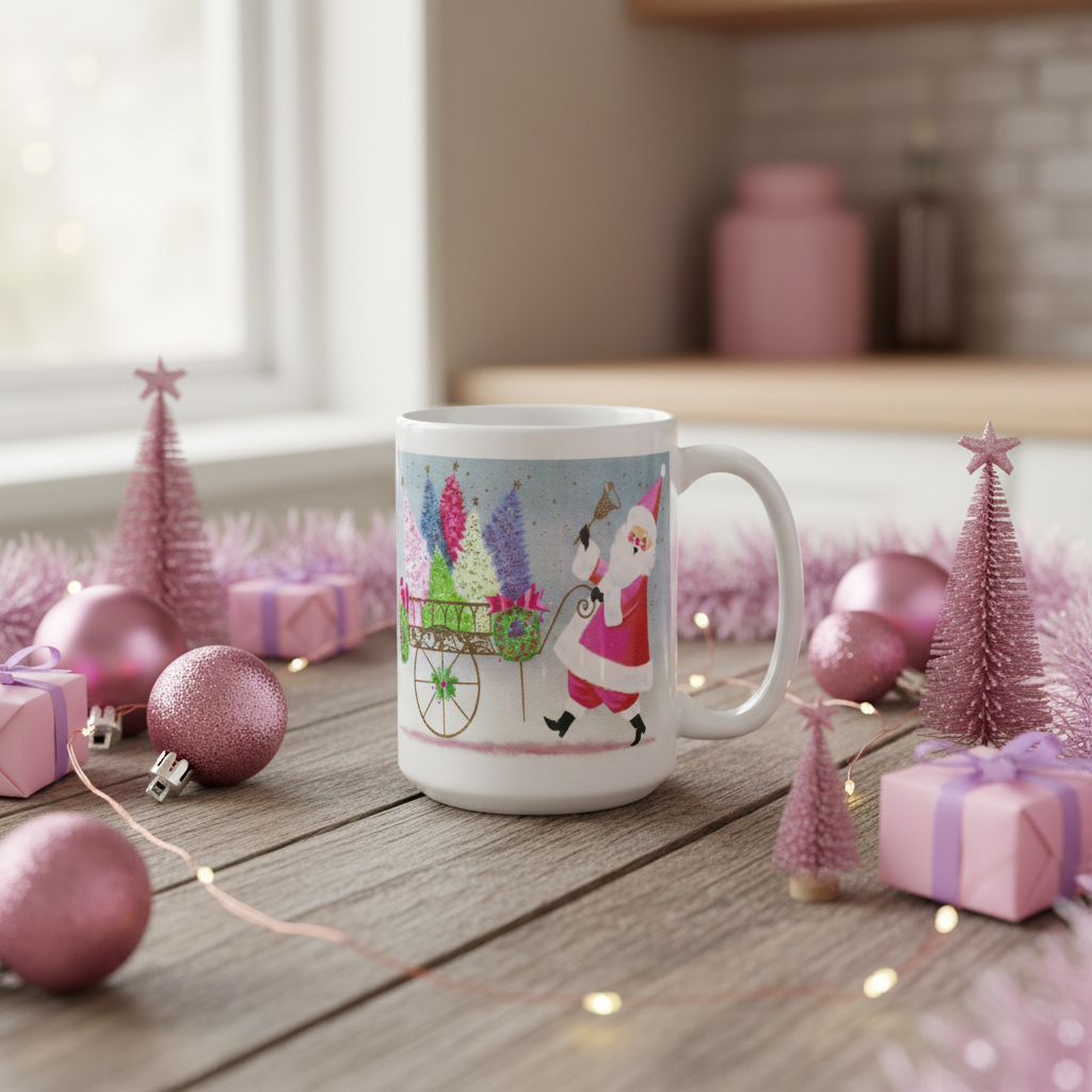 Santa Ringing Bell Mid Century Retro Christmas Print Glossy Mug