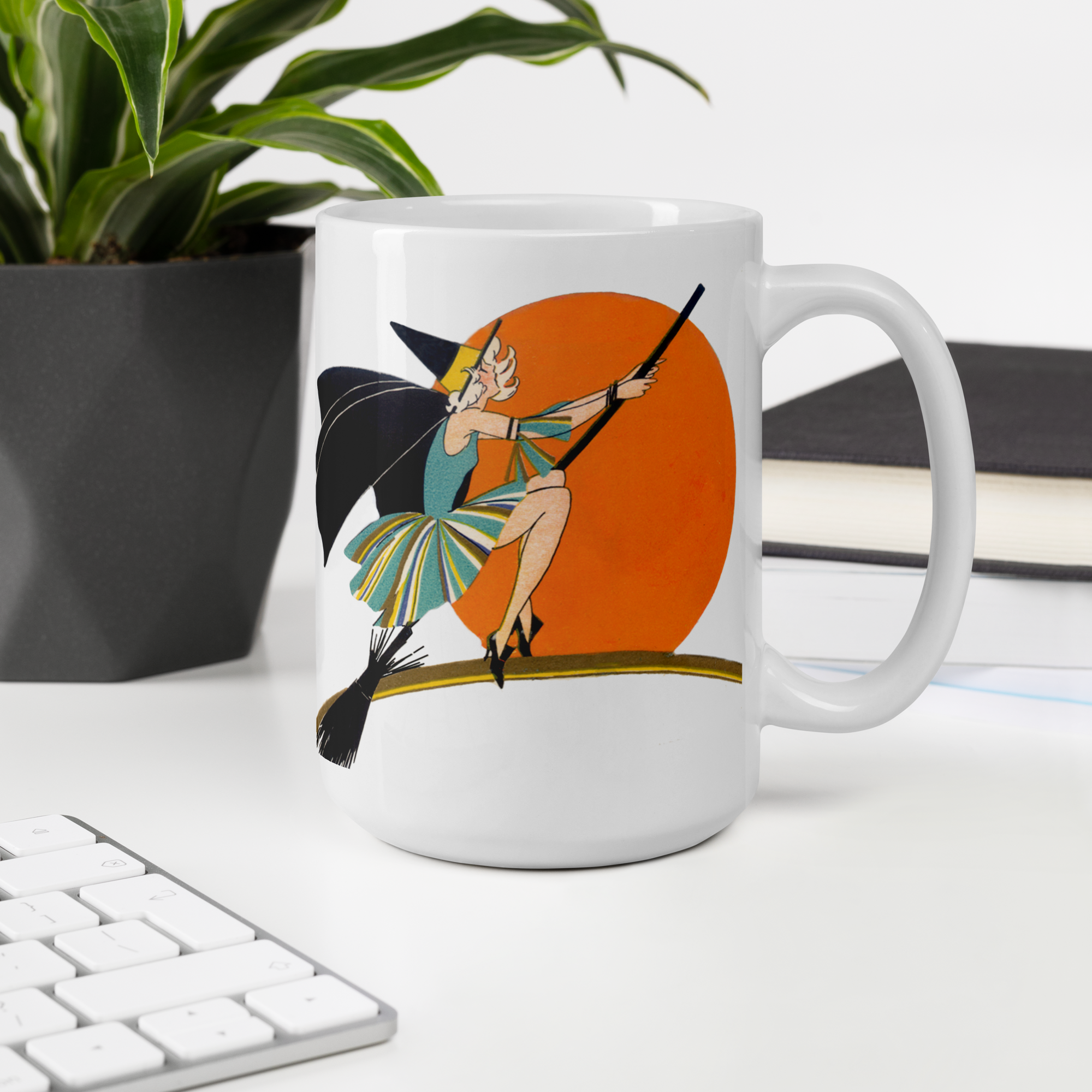 Flying Flapper Witch On Broom Orange Moon Retro Halloween Print Glossy Mug