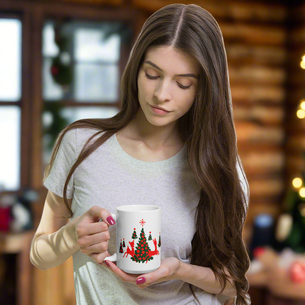 Red Reindeer Christmas Trees Mid Century Retro Christmas Print White Glossy Coffee Mug