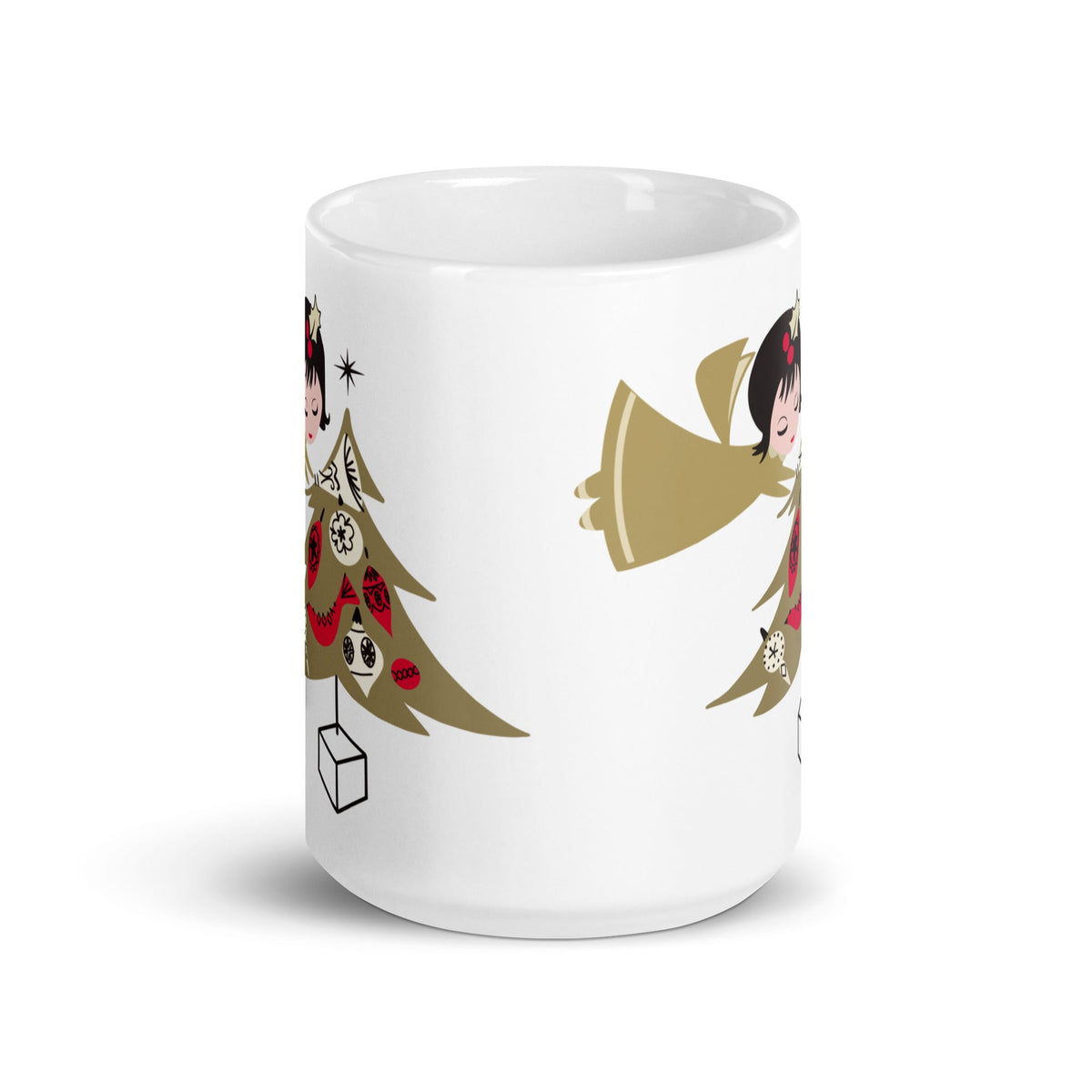 Gold Christmas Angel And Tree Mid Century Retro Christmas Print Glossy Mug
