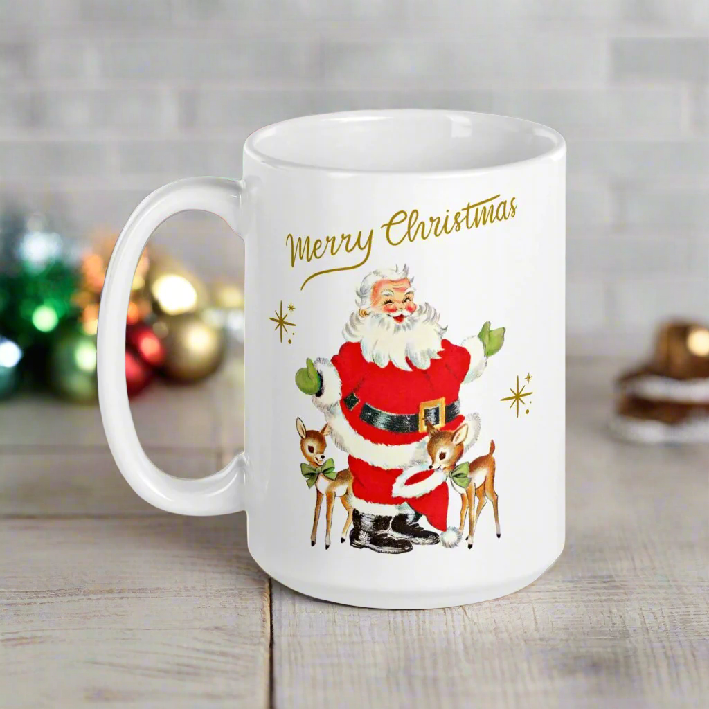 Merry Christmas Santa With Reindeer Gold Stars Merry Christmas Glossy Coffee Mug