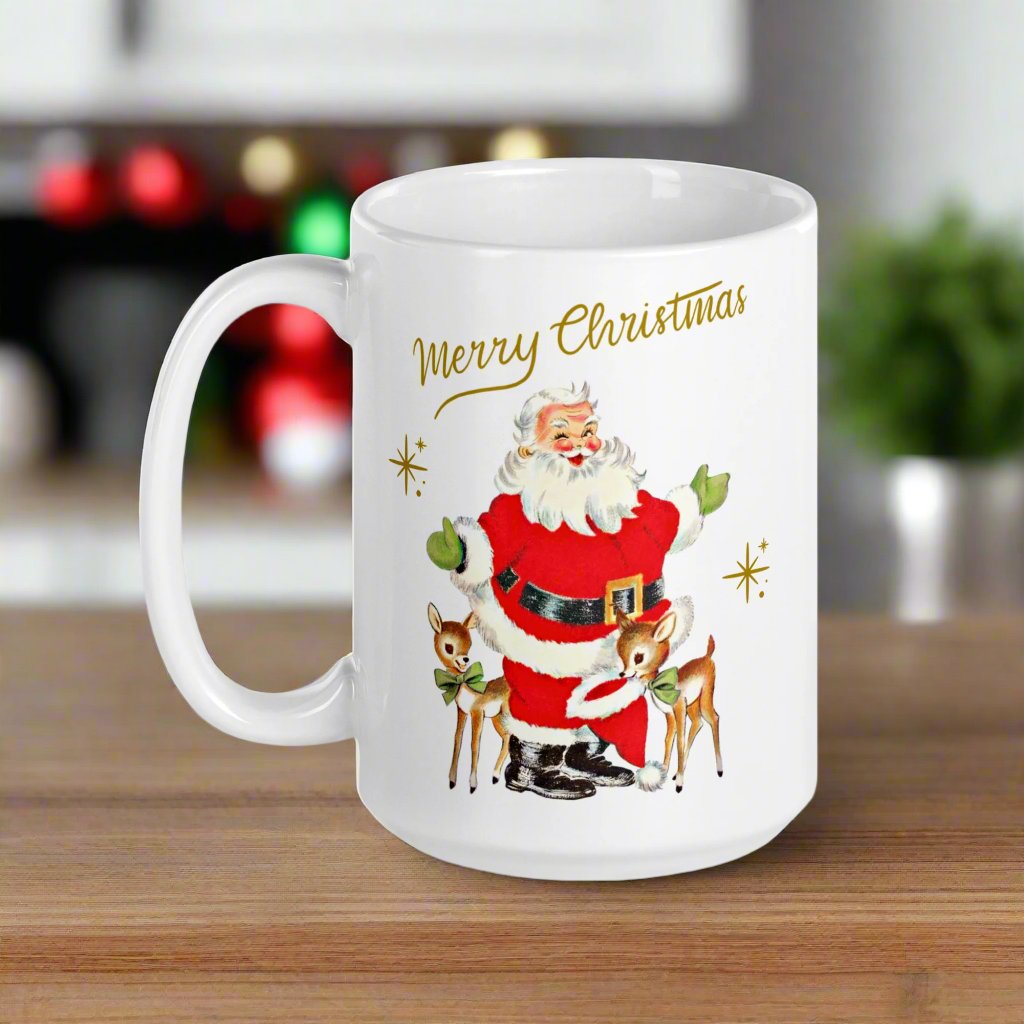 Merry Christmas Santa With Reindeer Gold Stars Merry Christmas Glossy Coffee Mug