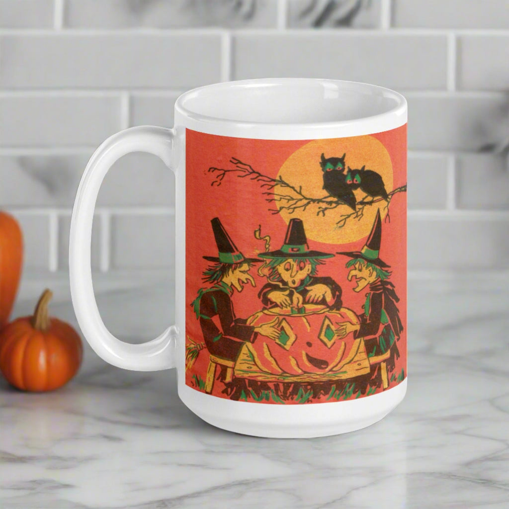 Three Witches Owls Full Moon Retro Halloween Glossy Ceramic Mug