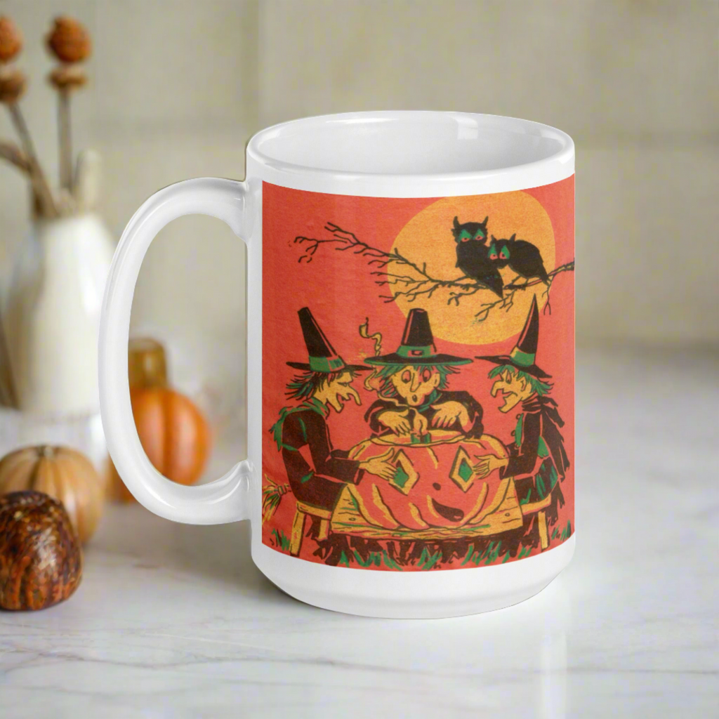 Three Witches Owls Full Moon Retro Halloween Glossy Ceramic Mug