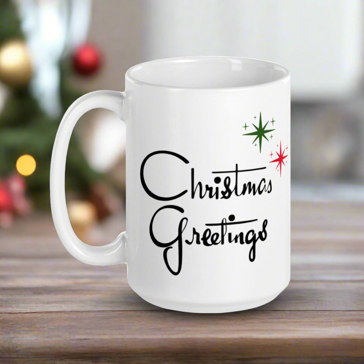 Christmas Greetings Starburst Atomic Mid Century Glossy Cofffee Mug