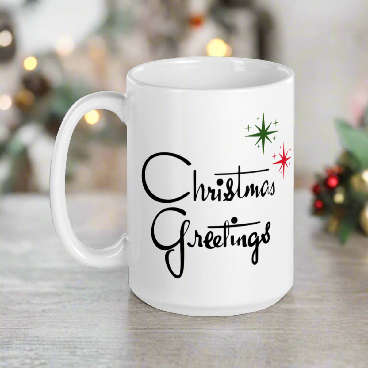 Christmas Greetings Starburst Atomic Mid Century Glossy Cofffee Mug