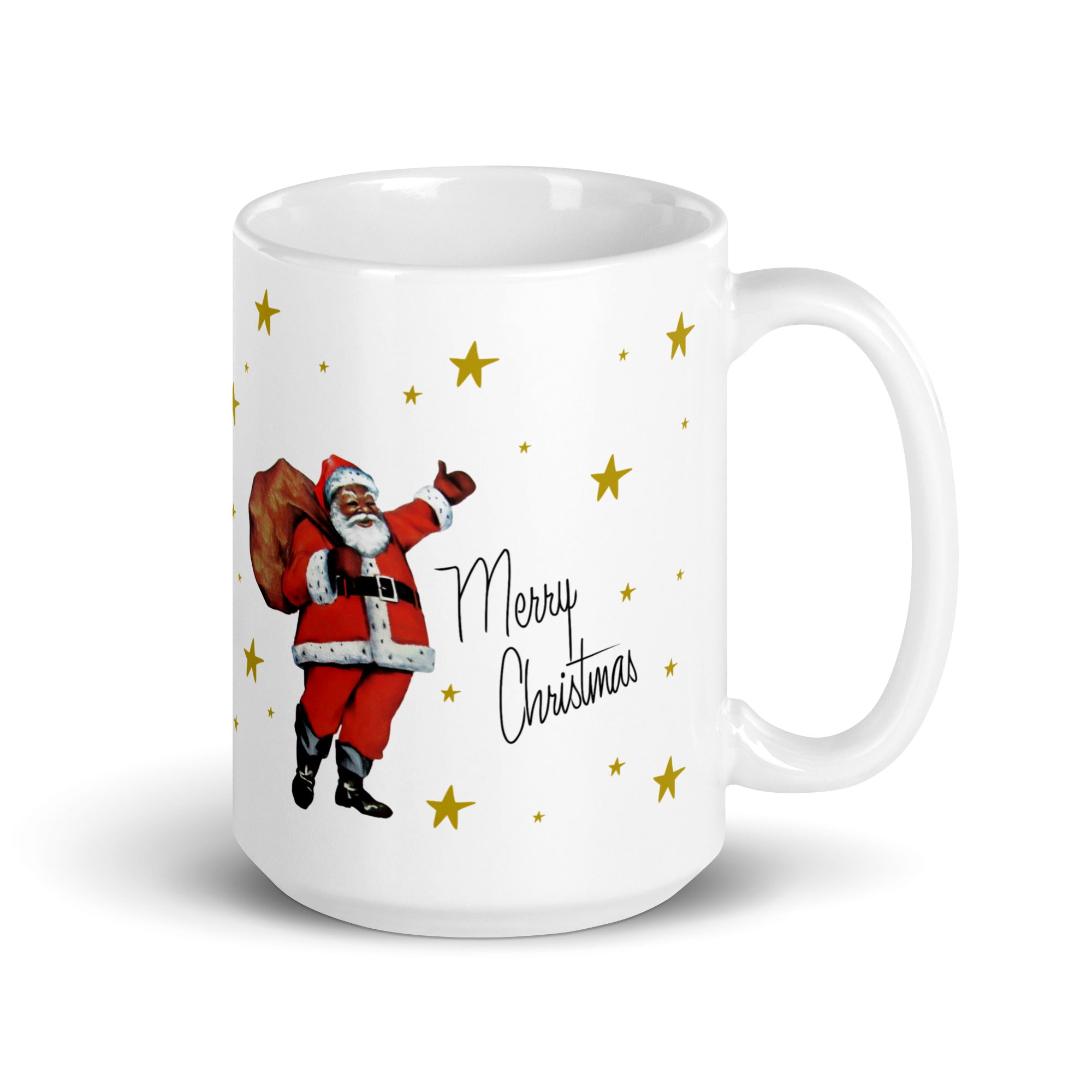 Santa With Stars Merry Christmas Mid Century Retro Christmas Print Glossy Mug