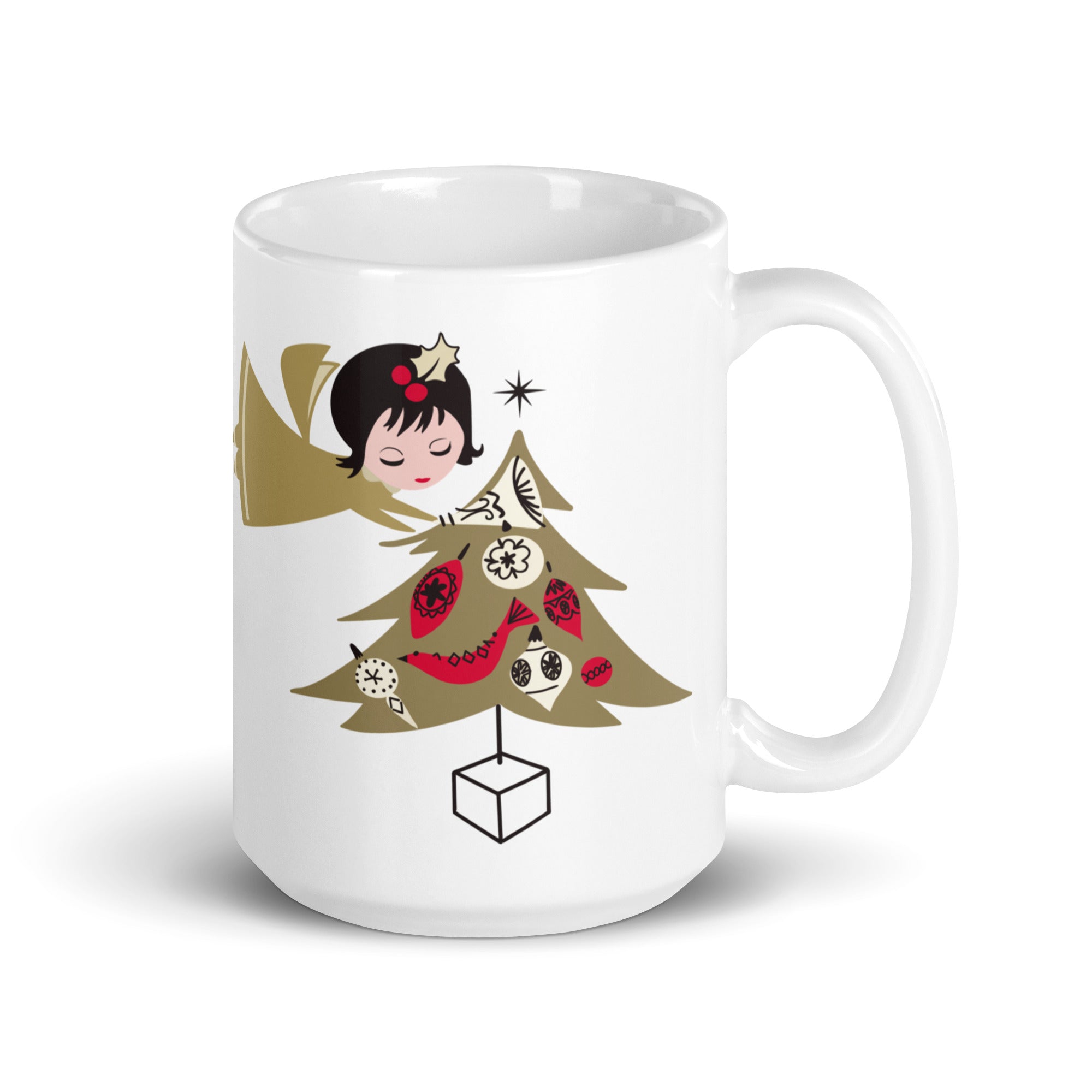 Gold Christmas Angel And Tree Mid Century Retro Christmas Print Glossy Mug