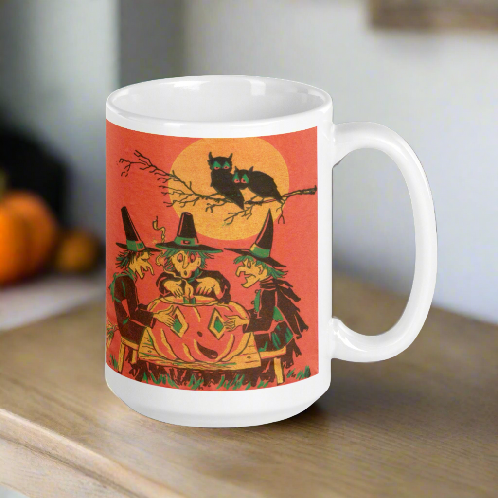 Three Witches Owls Full Moon Retro Halloween Glossy Ceramic Mug