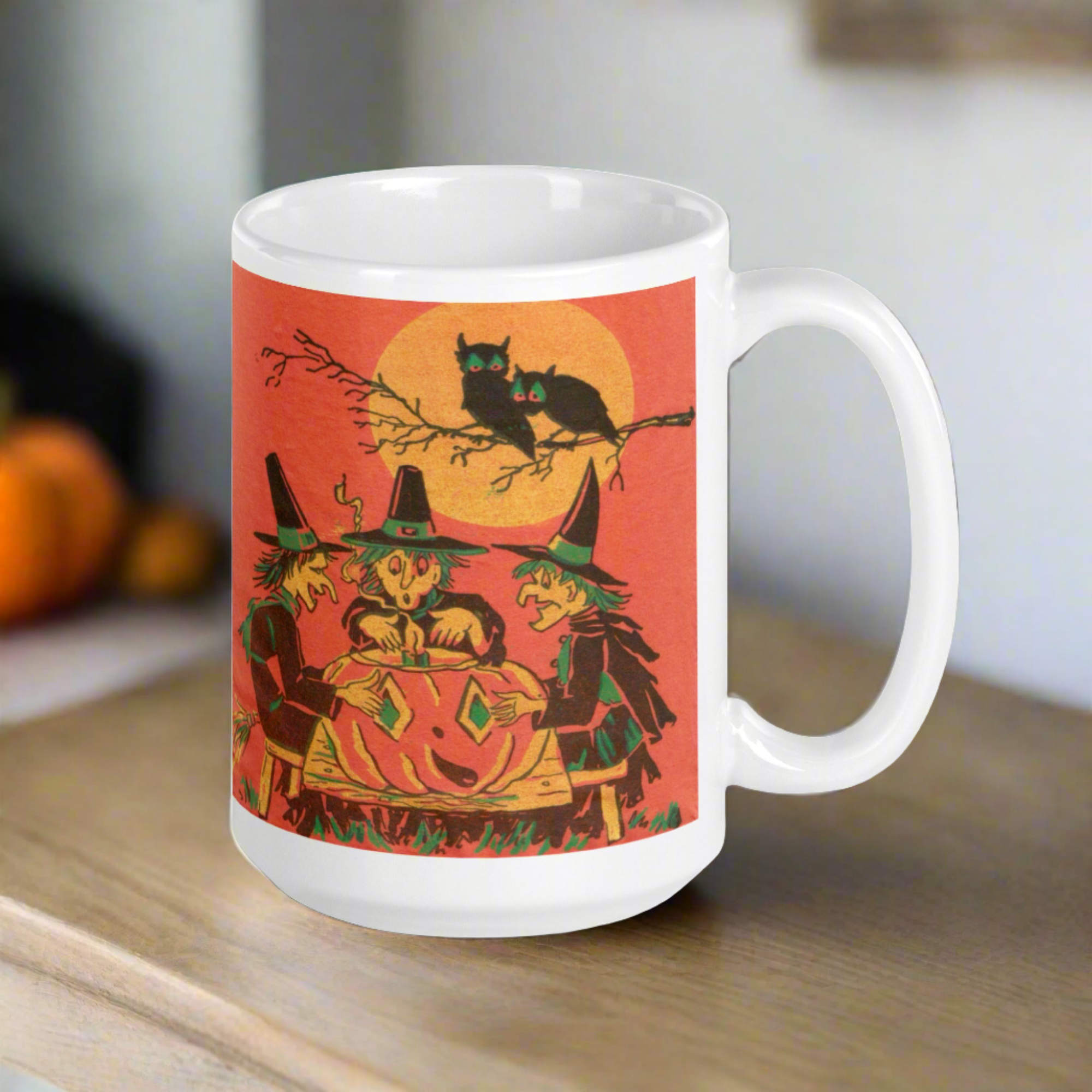 Three Witches Owls Full Moon Retro Halloween Glossy Ceramic Mug