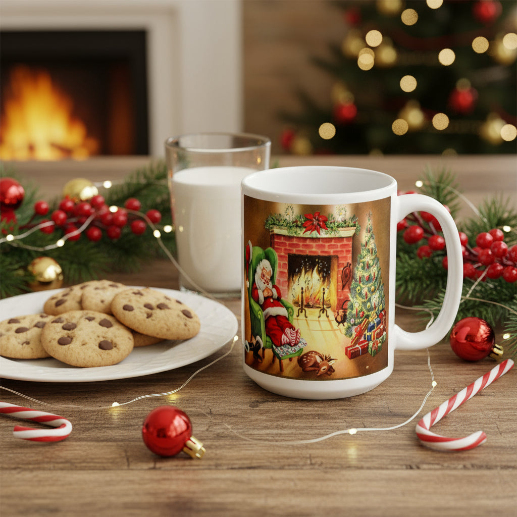 Santa Sleeping By Fireplace Retro Print Glossy Mug