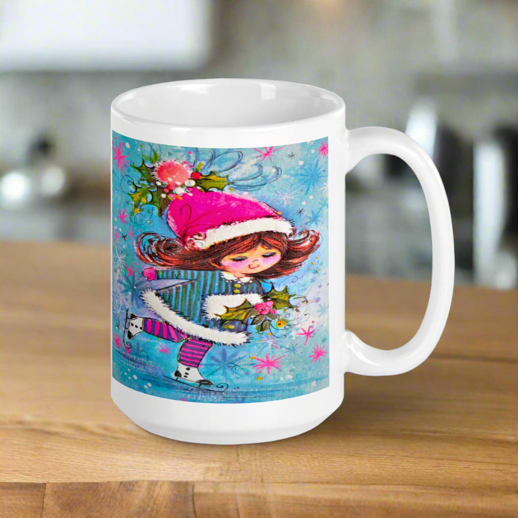 Ice Skating Girl Mod Retro Christmas Glossy Coffee Mug