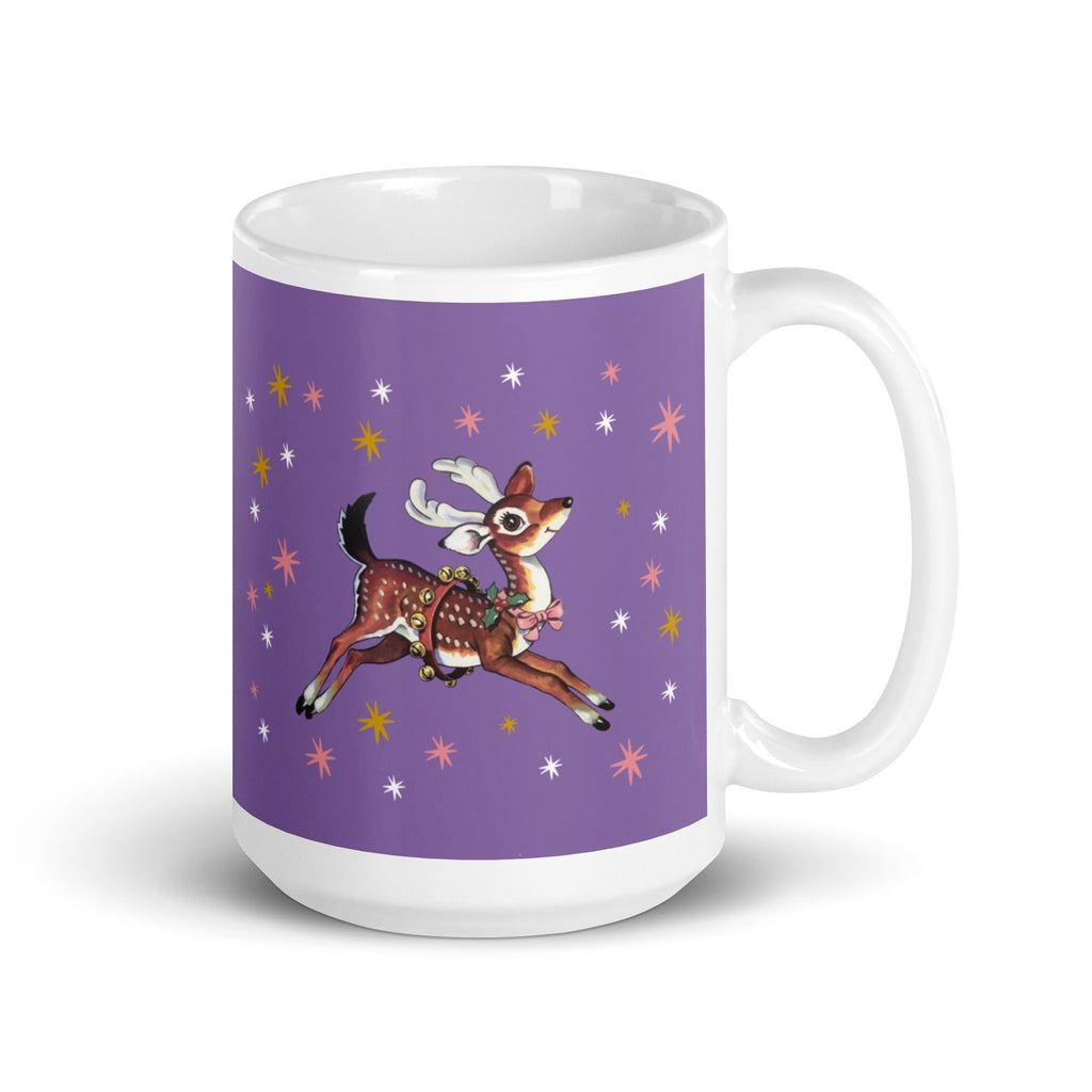 Reindeer Stars Retro Mid Century Christmas Print Purple White Glossy Coffee Mug