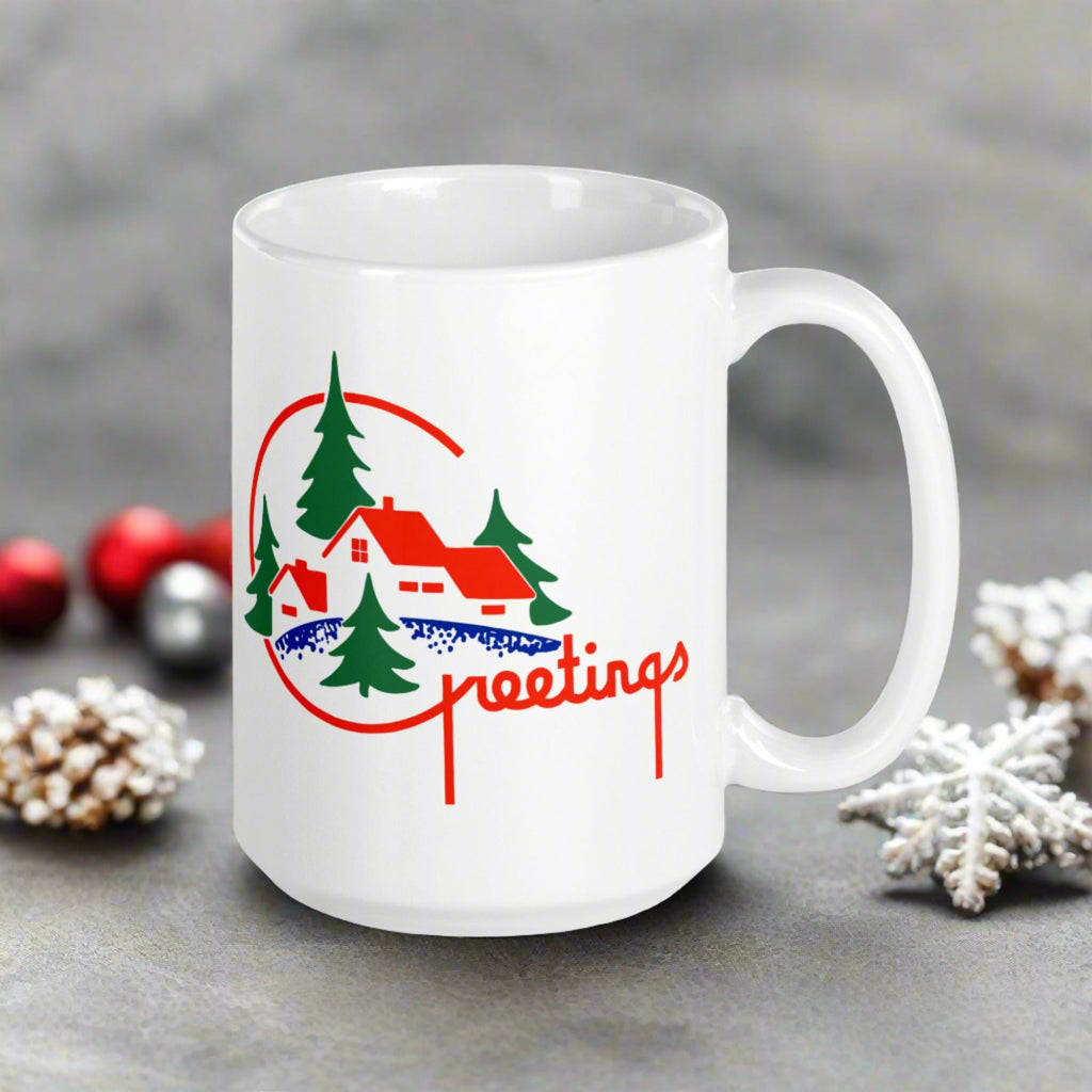 Greetings Mid Century Retro Christmas Print White Glossy Coffee Mug