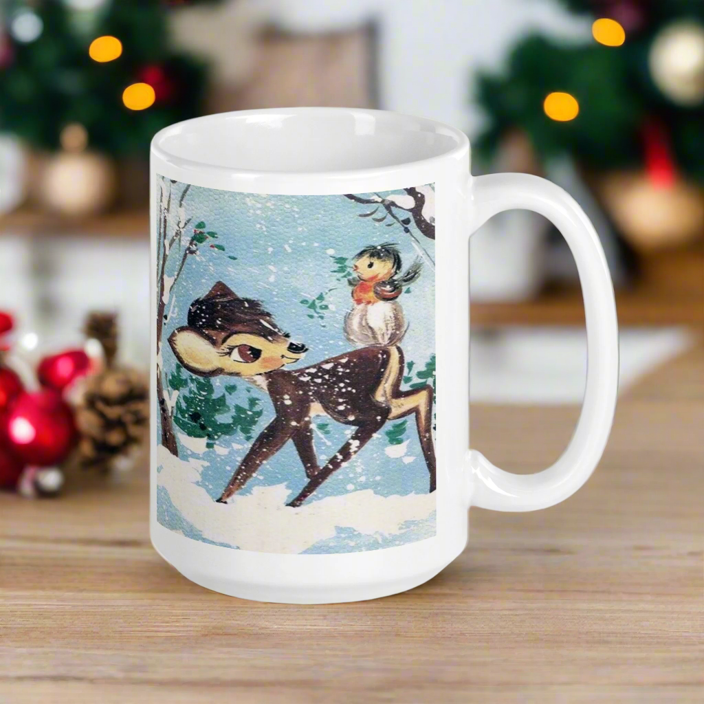Fawn Baby Deer With Bird In Snow Retro Winter Christmas Glossy Coffee Mug