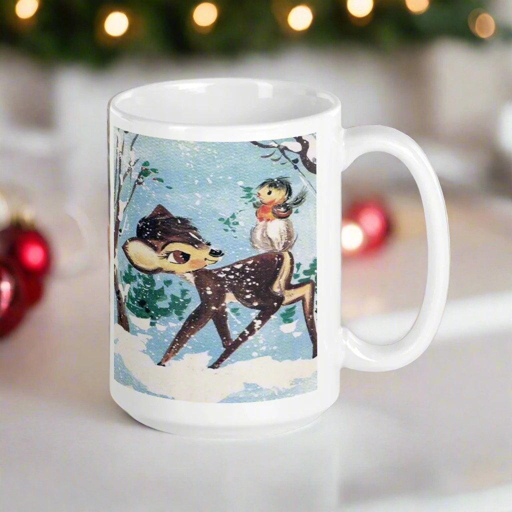 Fawn Baby Deer With Bird In Snow Retro Winter Christmas Glossy Coffee Mug