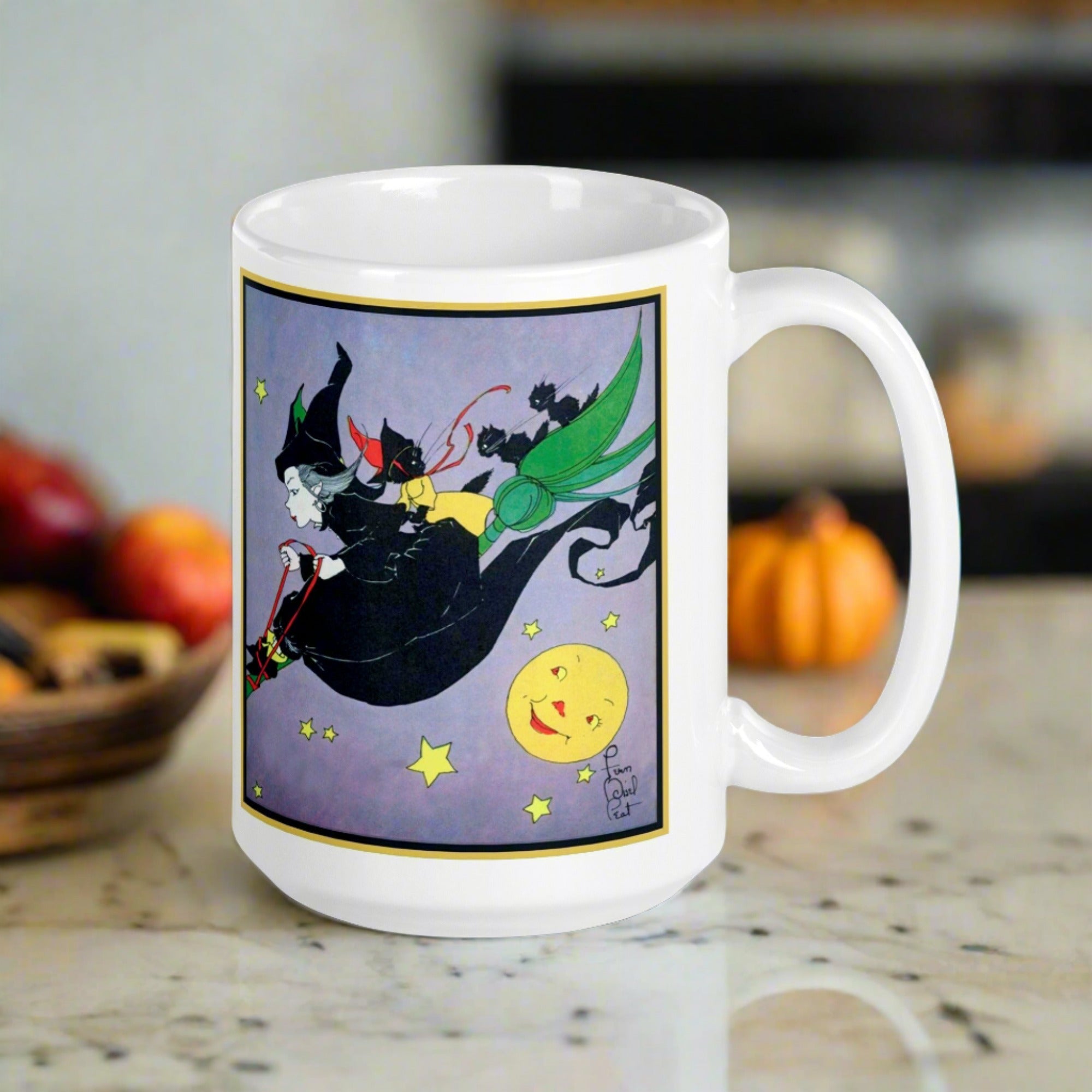 Witch Black Cats Broomride Retro Vintage Fern Bisel Peat Halloween Glossy Mug