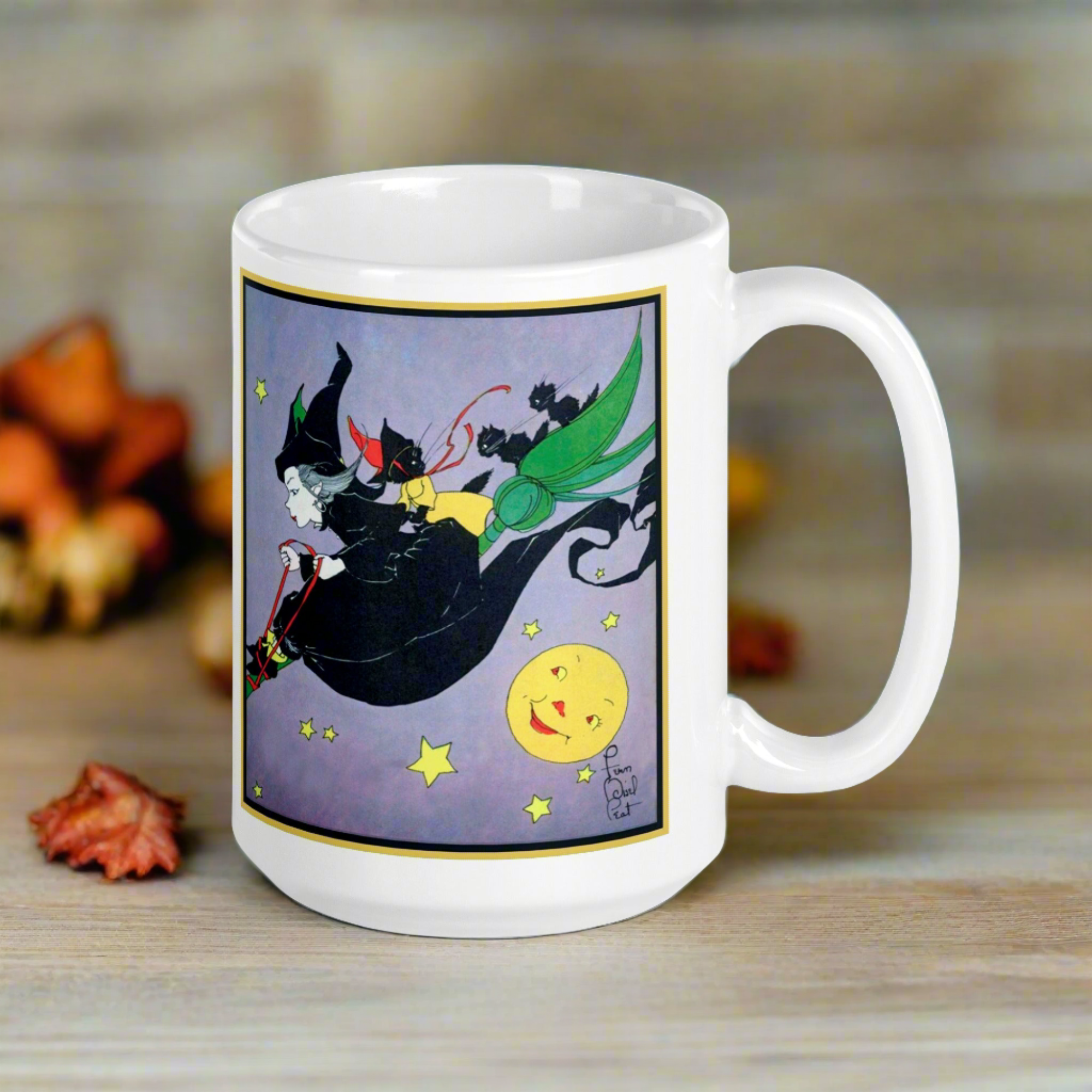 Witch Black Cats Broomride Retro Vintage Fern Bisel Peat Halloween Glossy Mug
