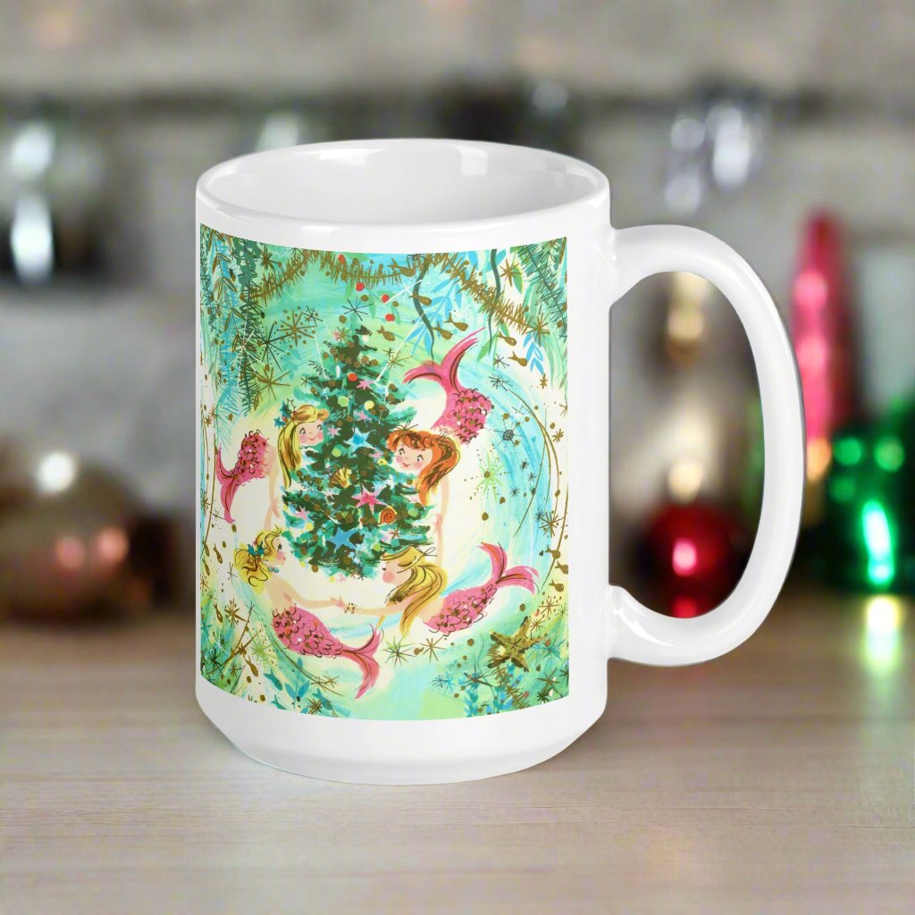 Mermaids Under The Sea Around The Christmas Tree Mid Century Retro Christmas Glossy Coffee Mug