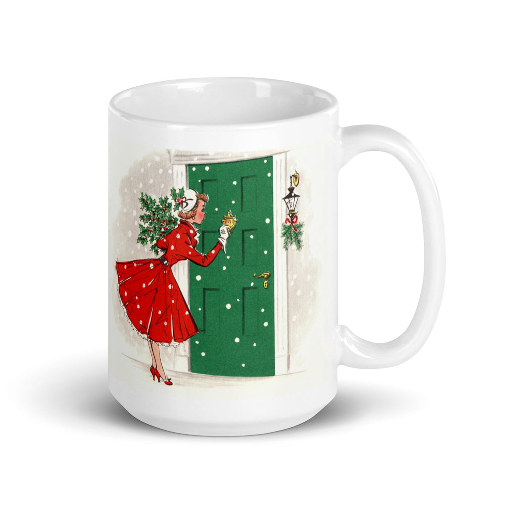 Christmas Lady In Red With Pine Retro Christmas Print Glossy Coffee Mug