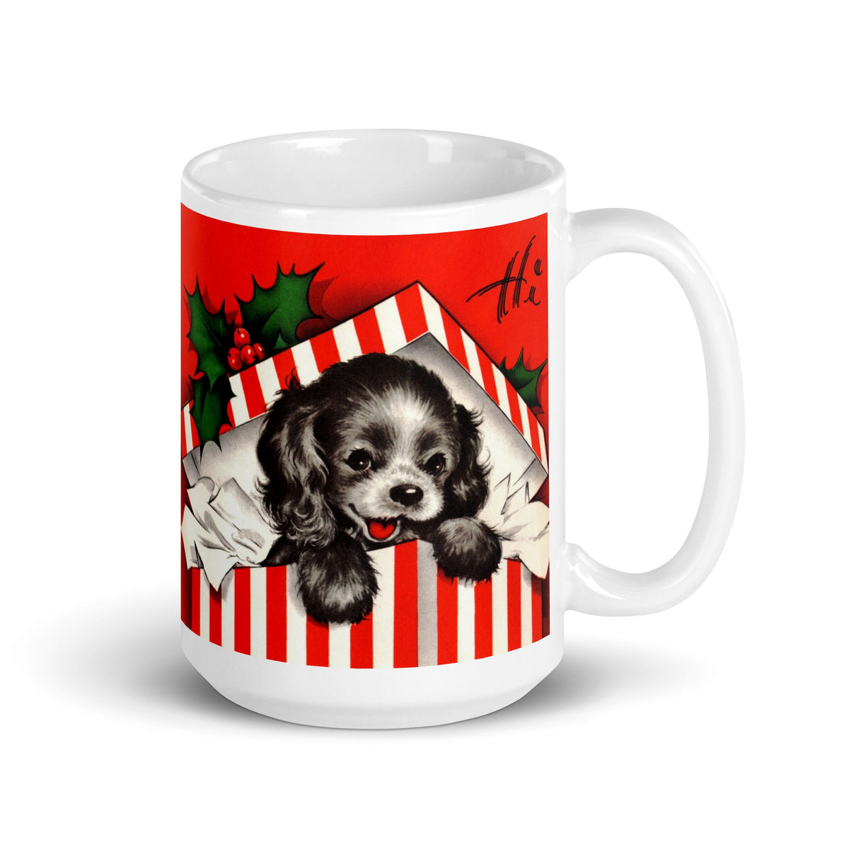Hi Christmas Puppy In Present Mid Century Retro Christmas Print Glossy Coffee Mug