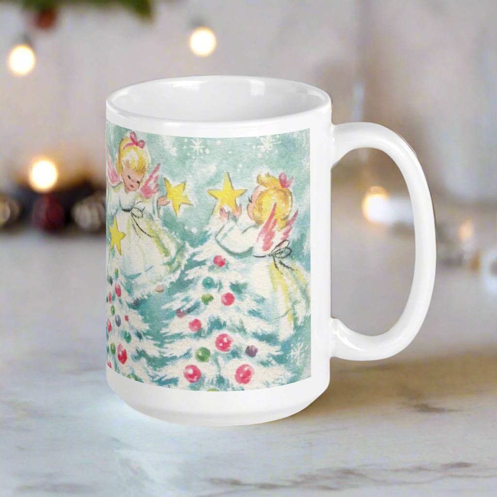 Christmas Angels Decorating Trees And Stars Midcentury Retro Glossy Coffee Mug