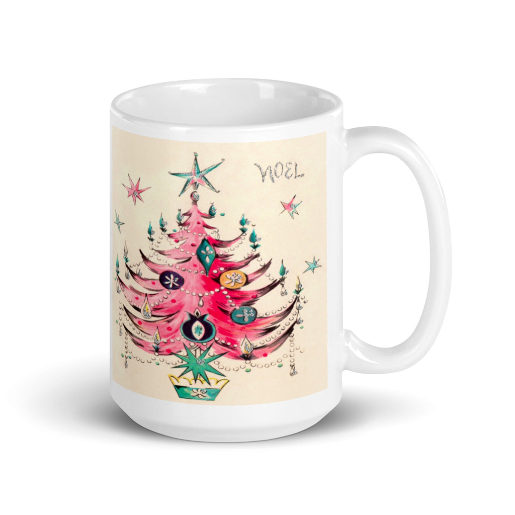 Noel Pink Christmas Tree Mid Century Retro Christmas Print White Glossy Coffee Mug