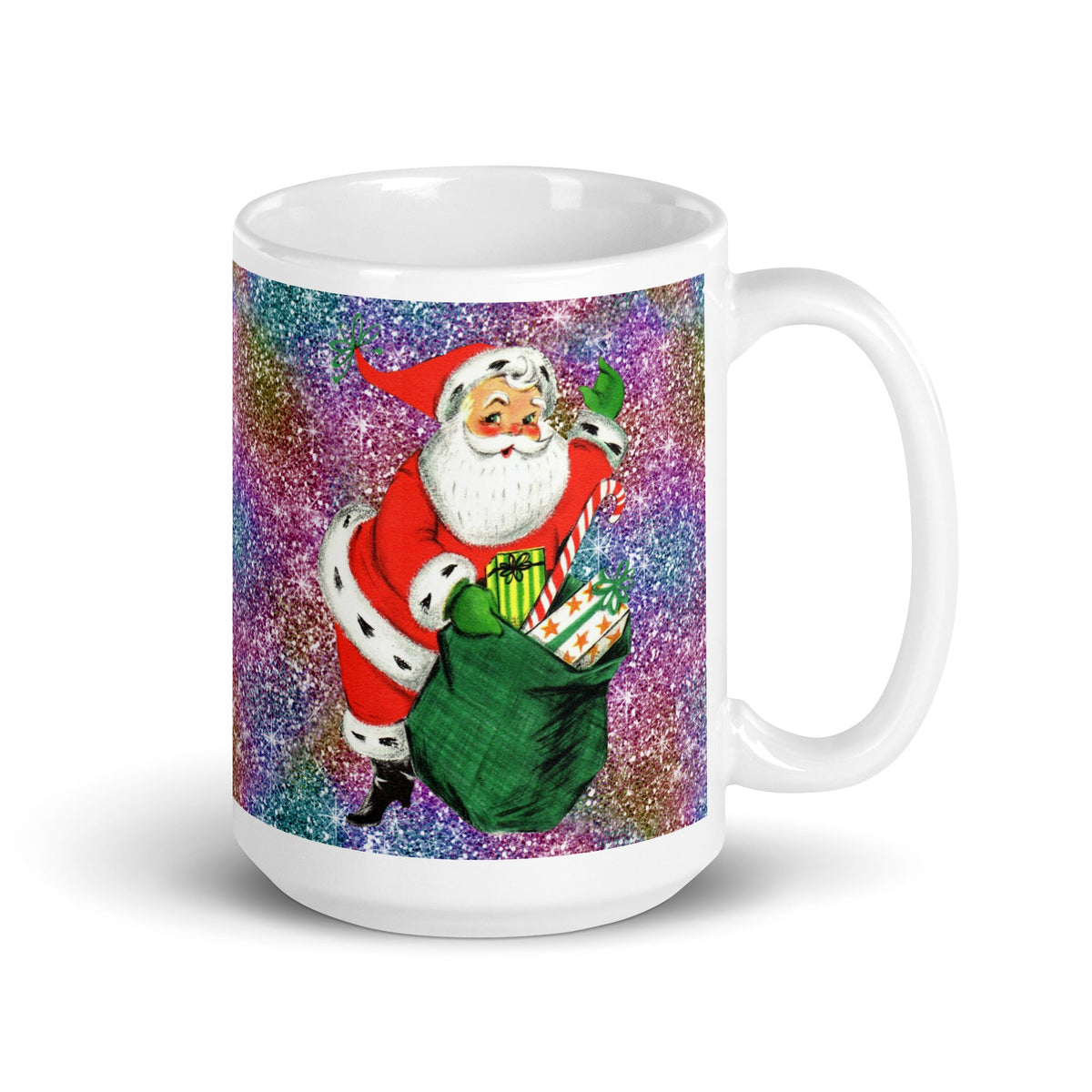Santa With His Sack Of Presents Glitter Background Mid Century Retro Christmas Print Glossy Mug
