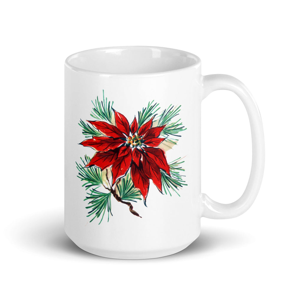 Vintage Christmas Poinsettia Mid Century Retro Christmas Print White Glossy Mug