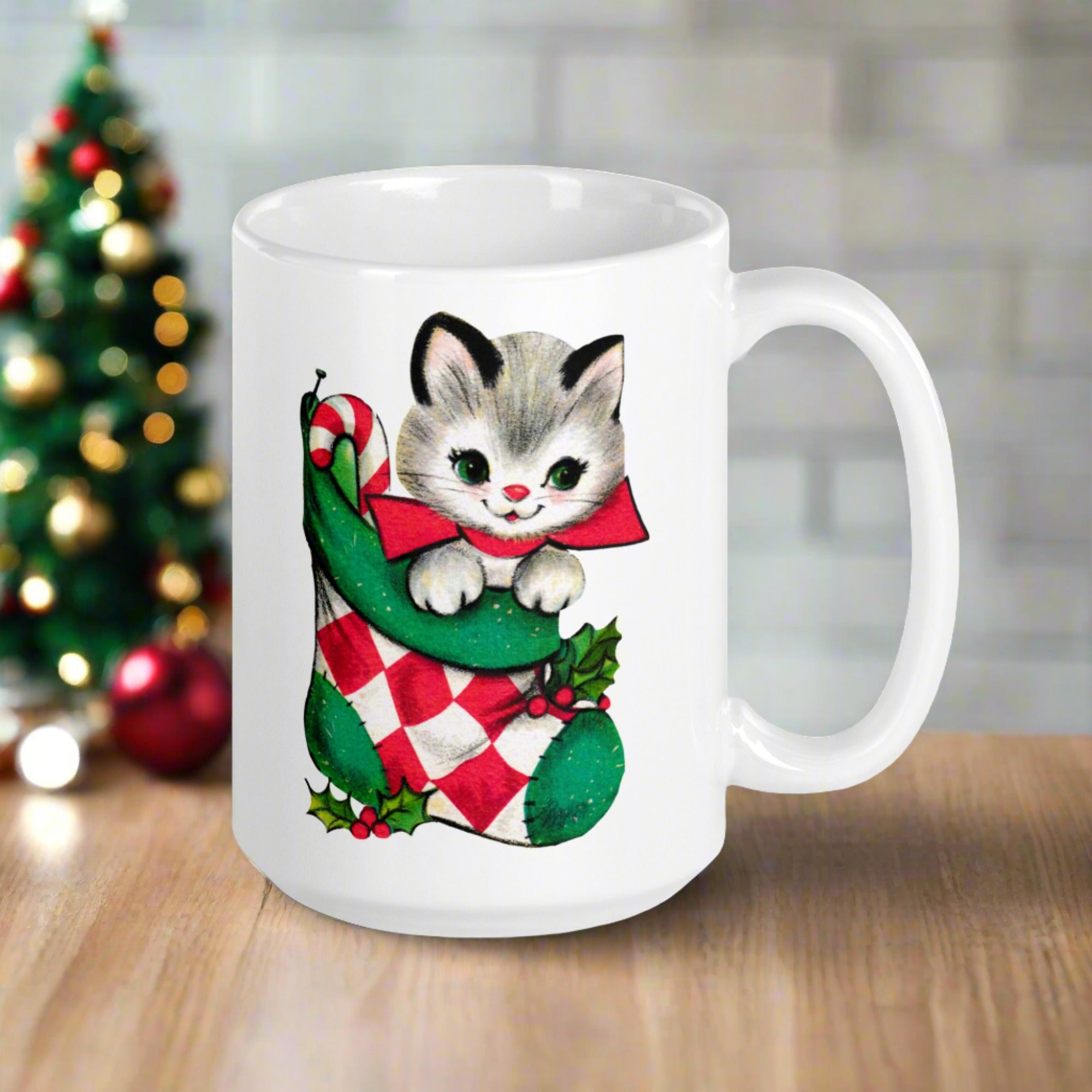 Christmas Kitten In Stocking Midcentury Retro Christmas Glossy Coffee Mug