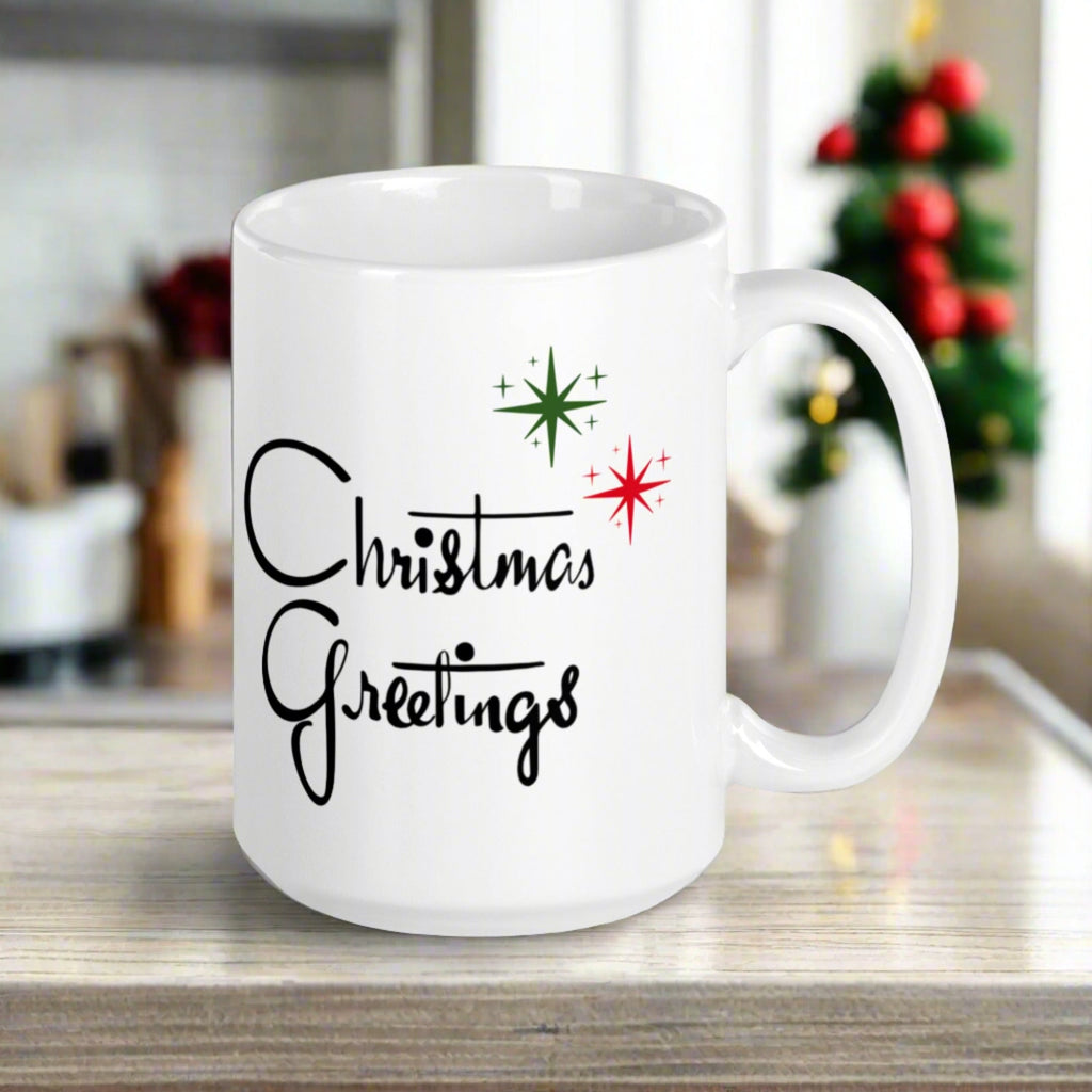 Christmas Greetings Starburst Atomic Mid Century Glossy Cofffee Mug