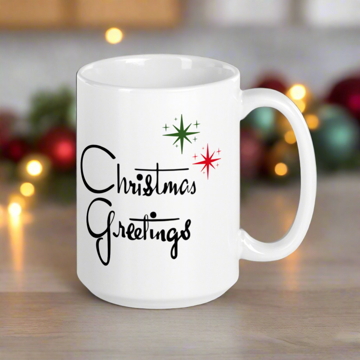 Christmas Greetings Starburst Atomic Mid Century Glossy Cofffee Mug