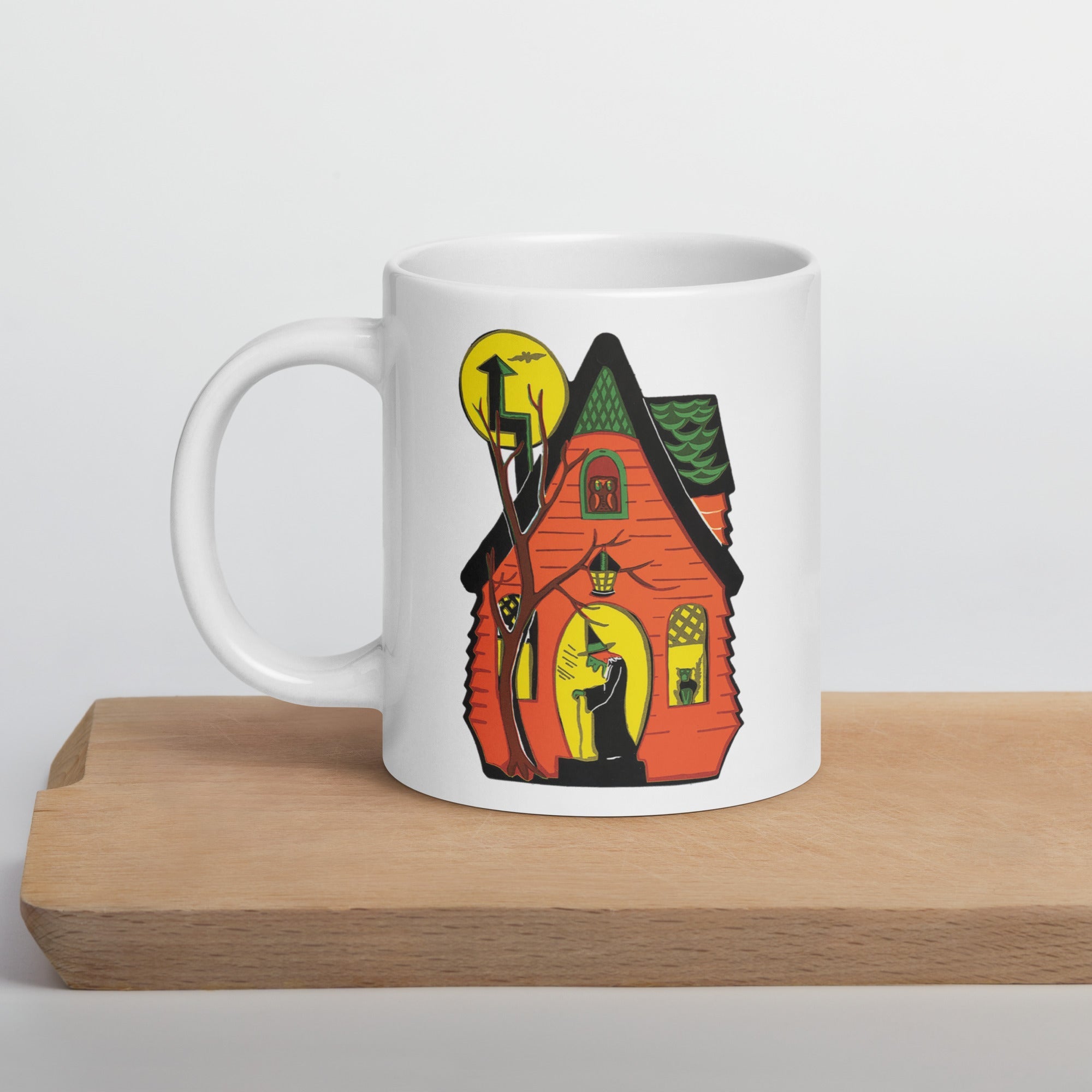 Halloween Witch House Black Cat Yellow Moon Vintage Retro Print Glossy Coffee Mug