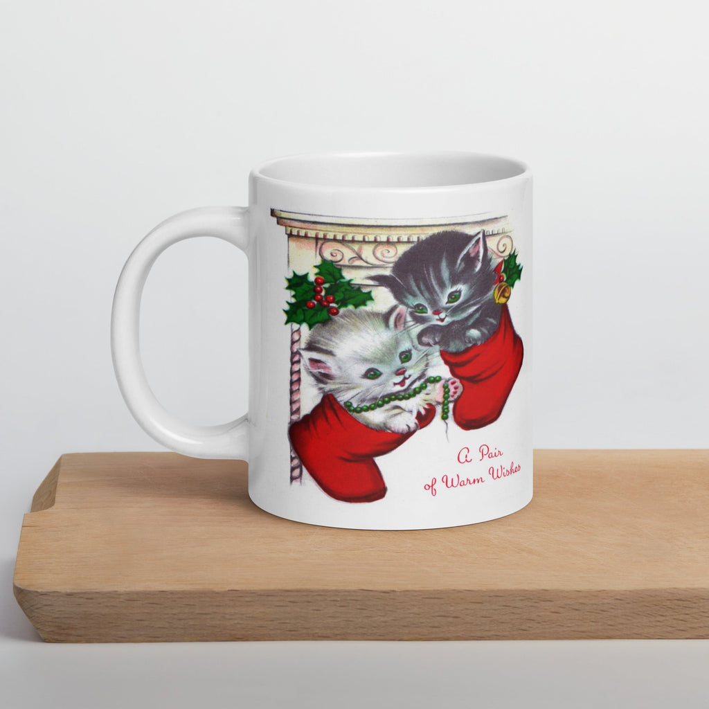 A Pair Of Warm Wishes Kittens In Stockings Retro Vintage Christmas Print Glossy Coffee Mug