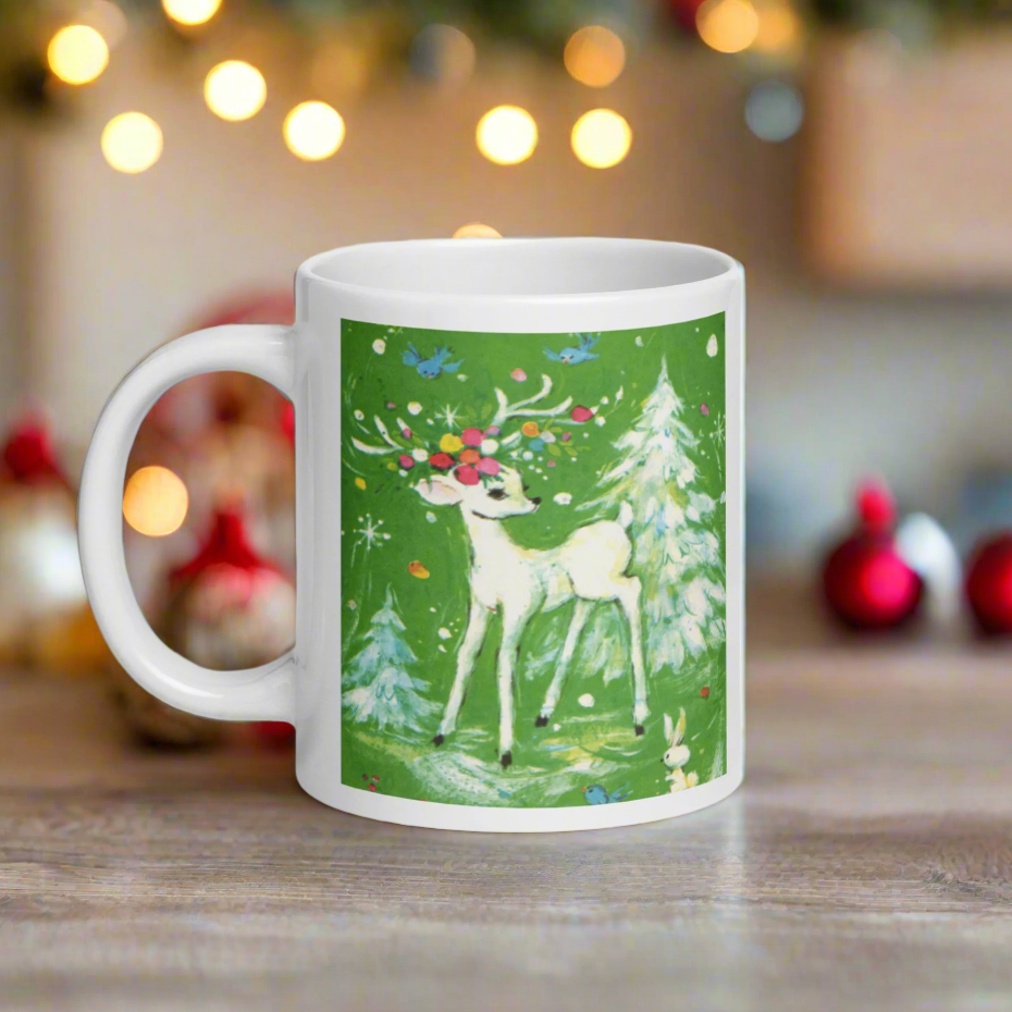White Reindeer With Ornaments Woodland Winter Mid Century Retro Christmas Print Glossy Mug