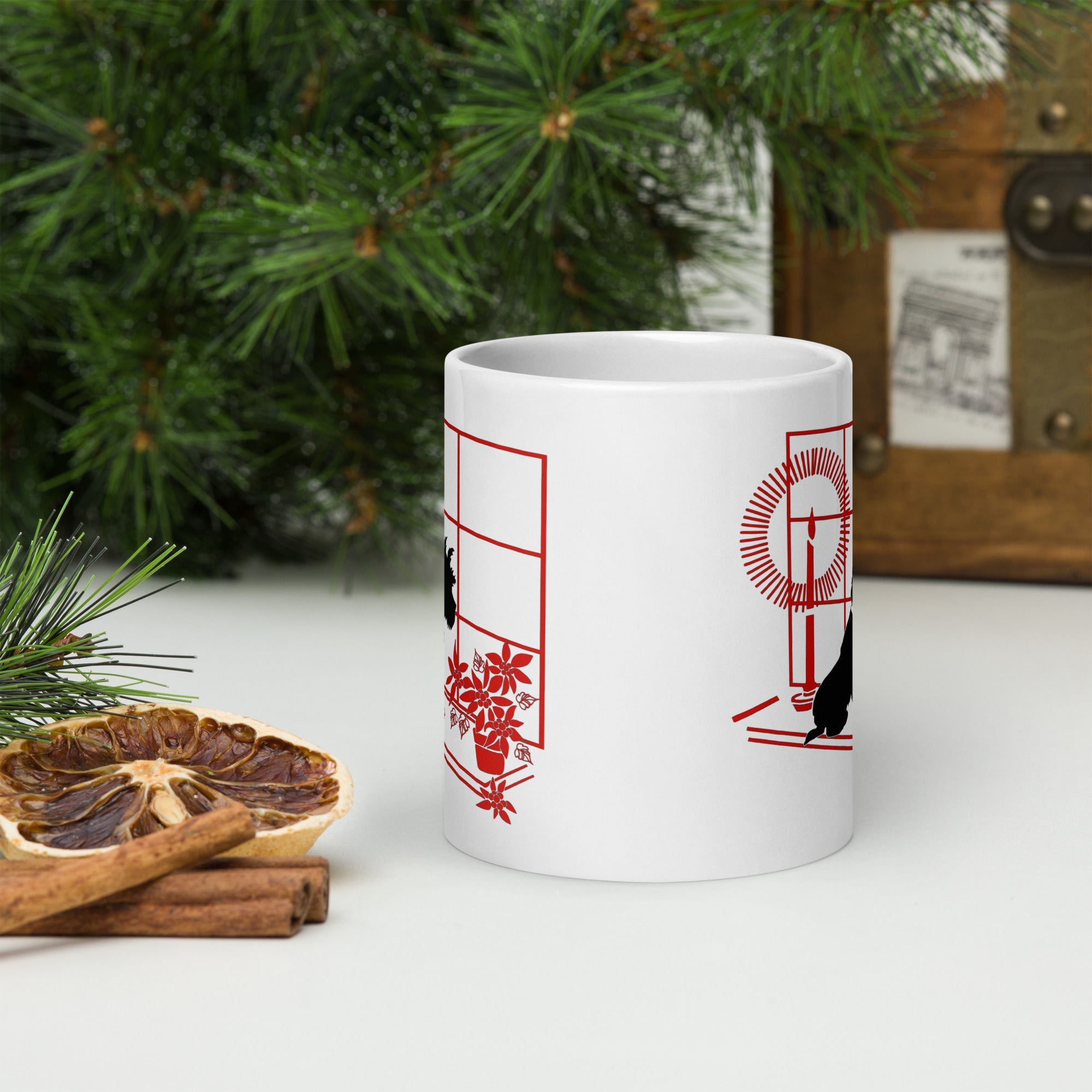 Black Scottie Dog At Window With Poinsettias And Candle Retro Vintage Print Ceramic Glossy Christmas Coffee Mug