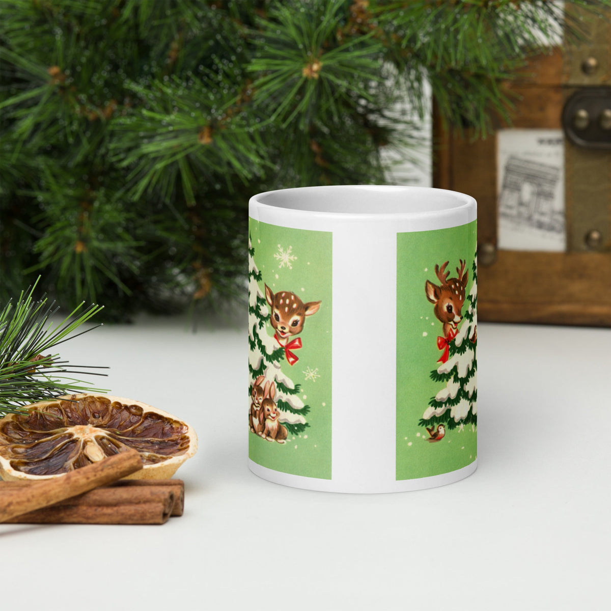 Reindeer In Snowy Tree With Bunnies And Birds Green Mid Century Retro Christmas Print Glossy Mug
