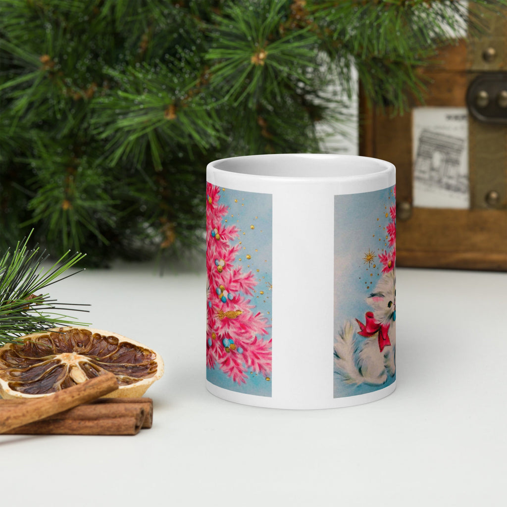 Christmas Kitten Pink Christmas Tree Mid Century Retro Christmas Print Glossy Mug