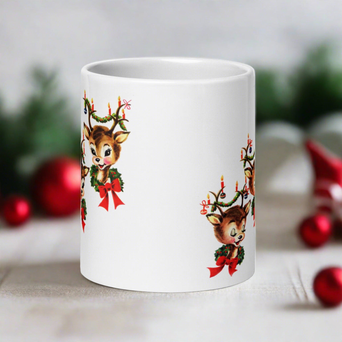 Three Reindeer Retro Vintage Christmas Glossy Coffee Mug