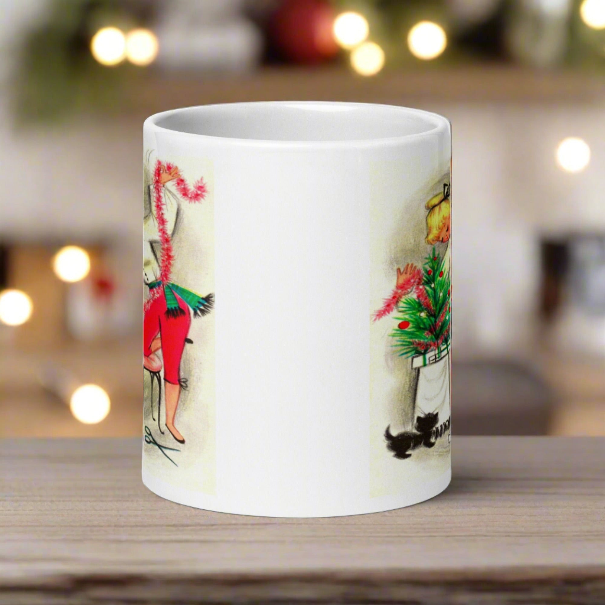 Christmas Lady And Dog Decorating Tree Retro Christmas Glossy Coffee Mug