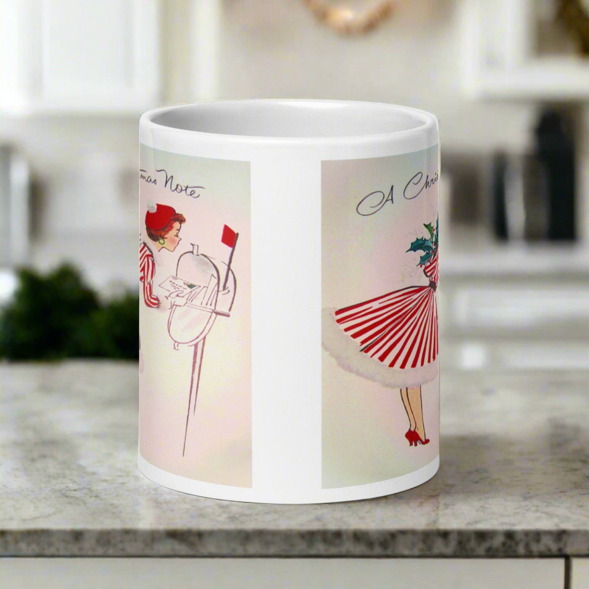 Christmas Lady At Mailbox Retro Housewife Glossy Ceramic Coffee Mug
