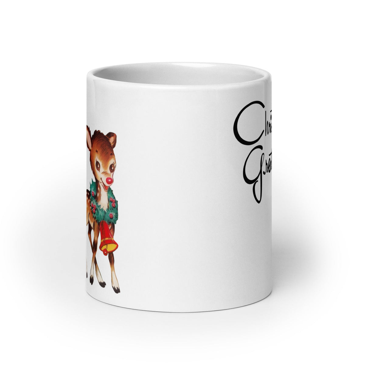 Christmas Greetings Reindeer Mid Century Retro Christmas Print Glossy Mug