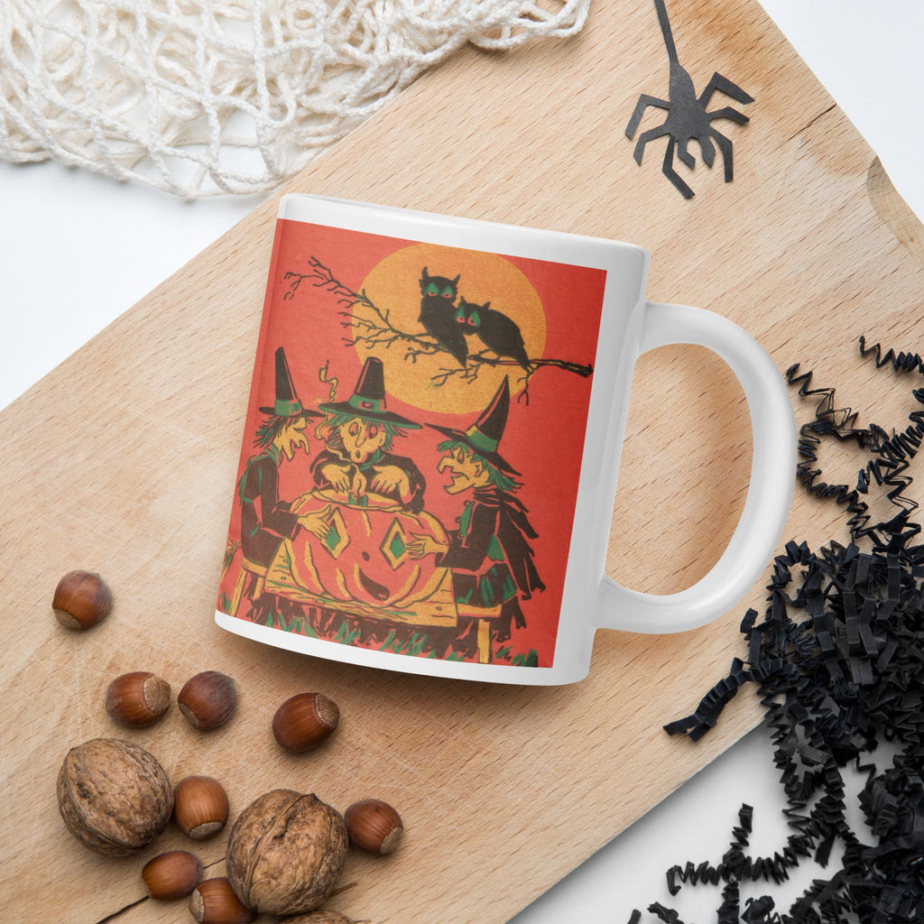 Three Witches Owls Full Moon Retro Halloween Glossy Ceramic Mug