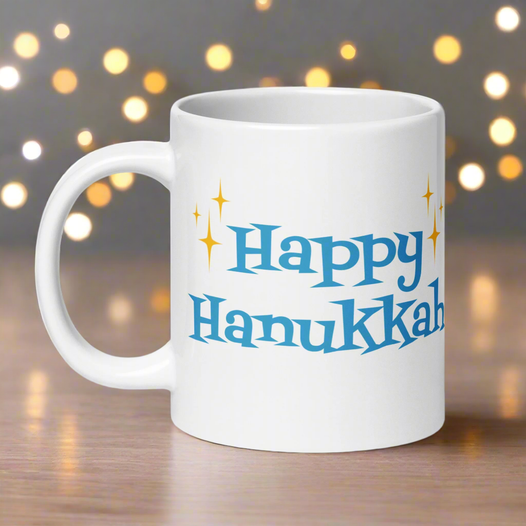 Happy Hanukkah Starburst Atomic Mid Century Glossy Coffee Mug