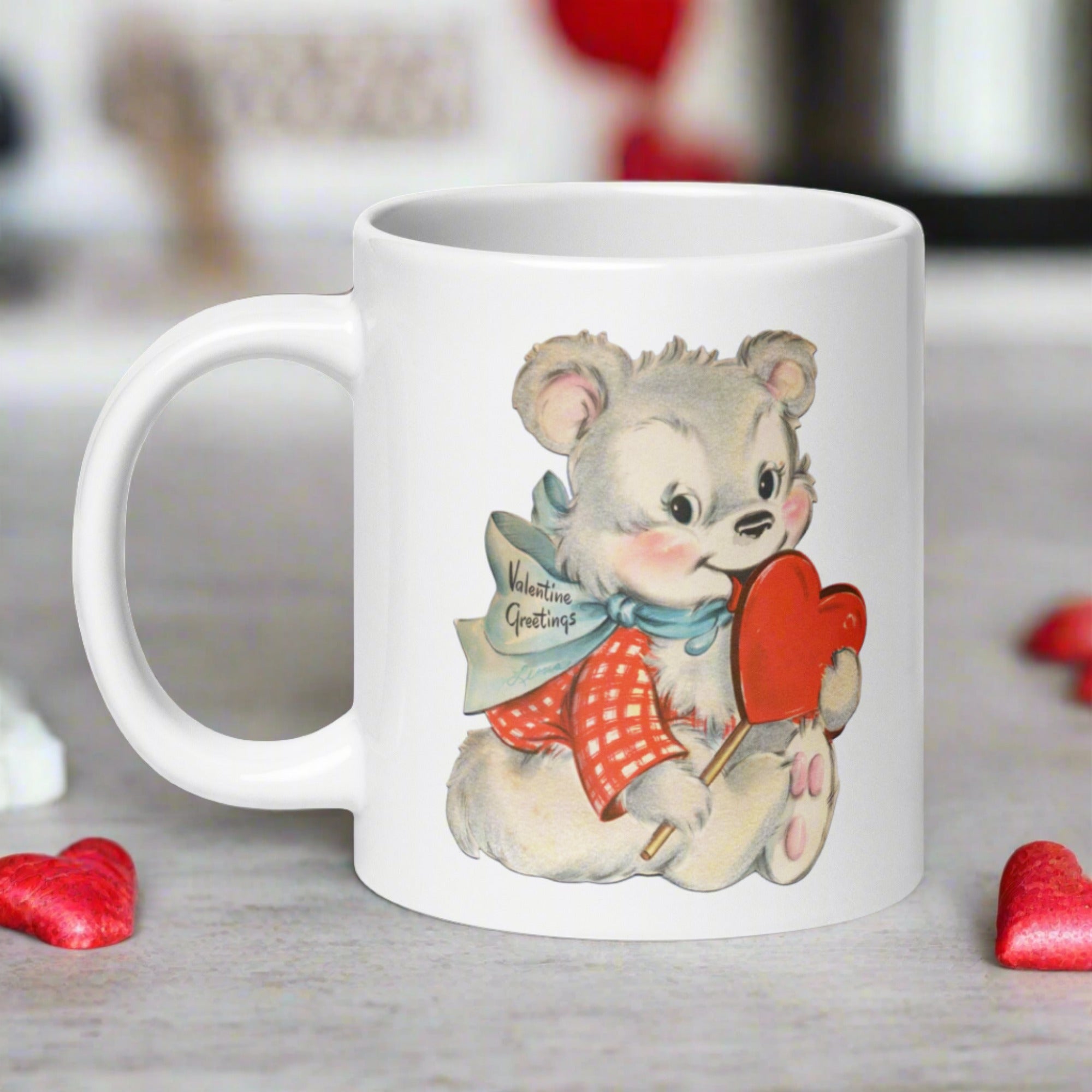 Valentine's Greetings Cute White Bear Heart Retro Midcentury Coffee Mug