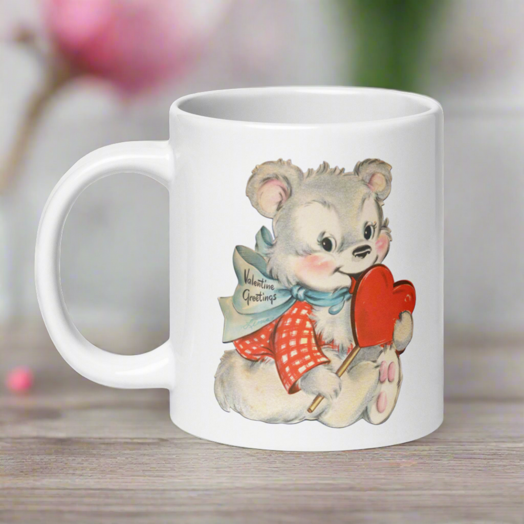 Valentine's Greetings Cute White Bear Heart Retro Midcentury Coffee Mug