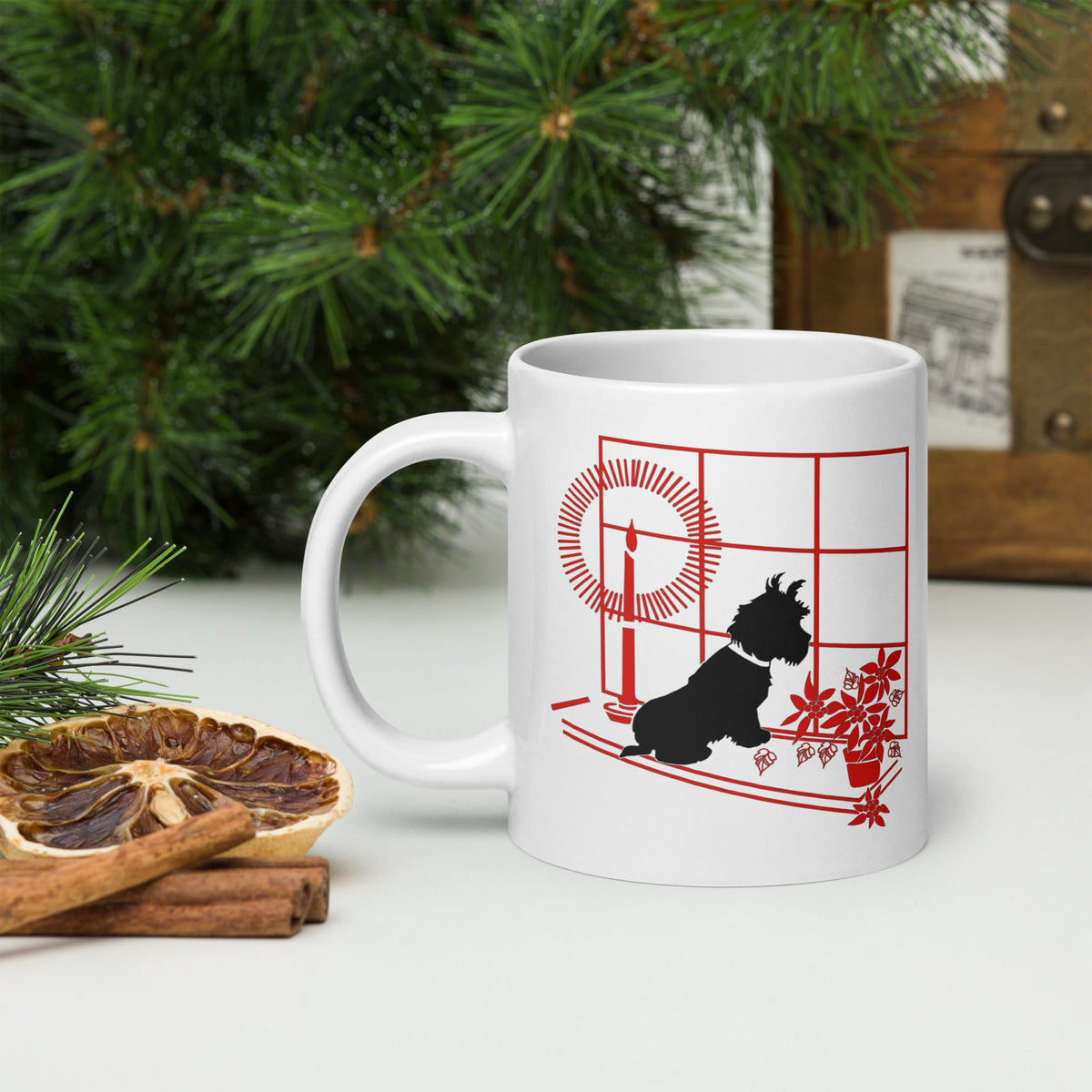 Black Scottie Dog At Window With Poinsettias And Candle Retro Vintage Print Ceramic Glossy Christmas Coffee Mug